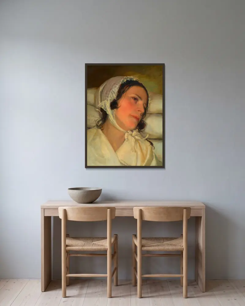 Antonie Amerling am Krankenbett (1. Gattin des Künstlers) av Friedrich von Amerling inramad på en vägg