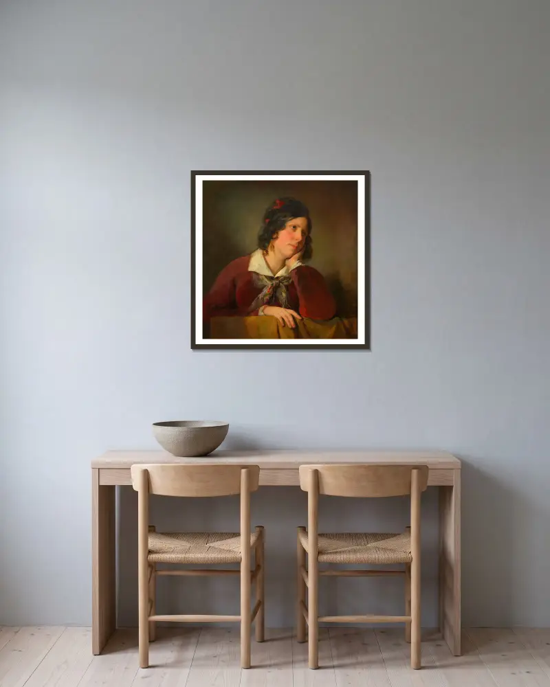 Antonie Amerling mit aufgestütztem Kopf (1. Gattin des Künstlers) av Friedrich von Amerling inramad på en vägg