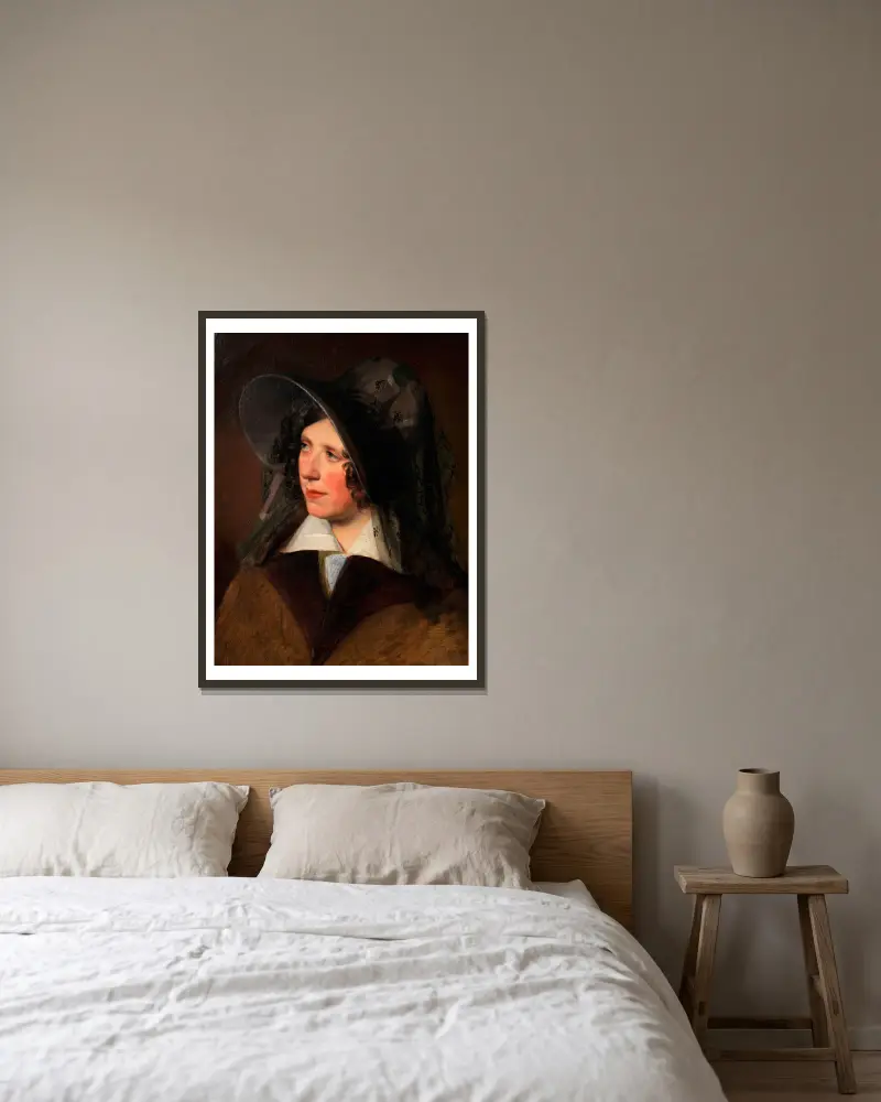 Antonie Amerling mit schwarzem Schleierhut (1. Gattin des Künstlers) von Friedrich von Amerling gerahmt an einer Wand