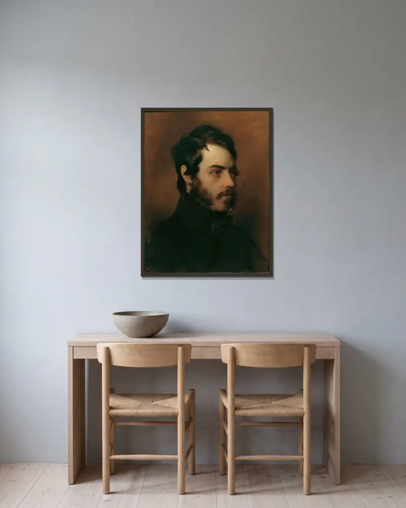 Porträtt av målaren Karl von Pausinger av Friedrich von Amerling inramad på en vägg