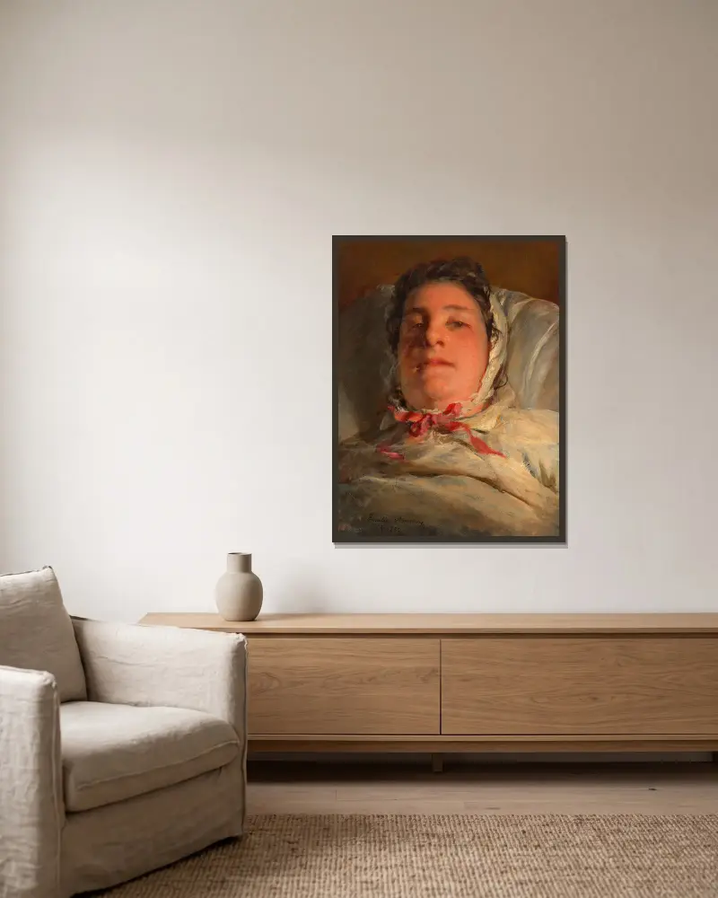 Emilie Amerling, geb. Heinrich auf dem Krankenbett (3. Frau des Künstlers) av Friedrich von Amerling inramad på en vägg