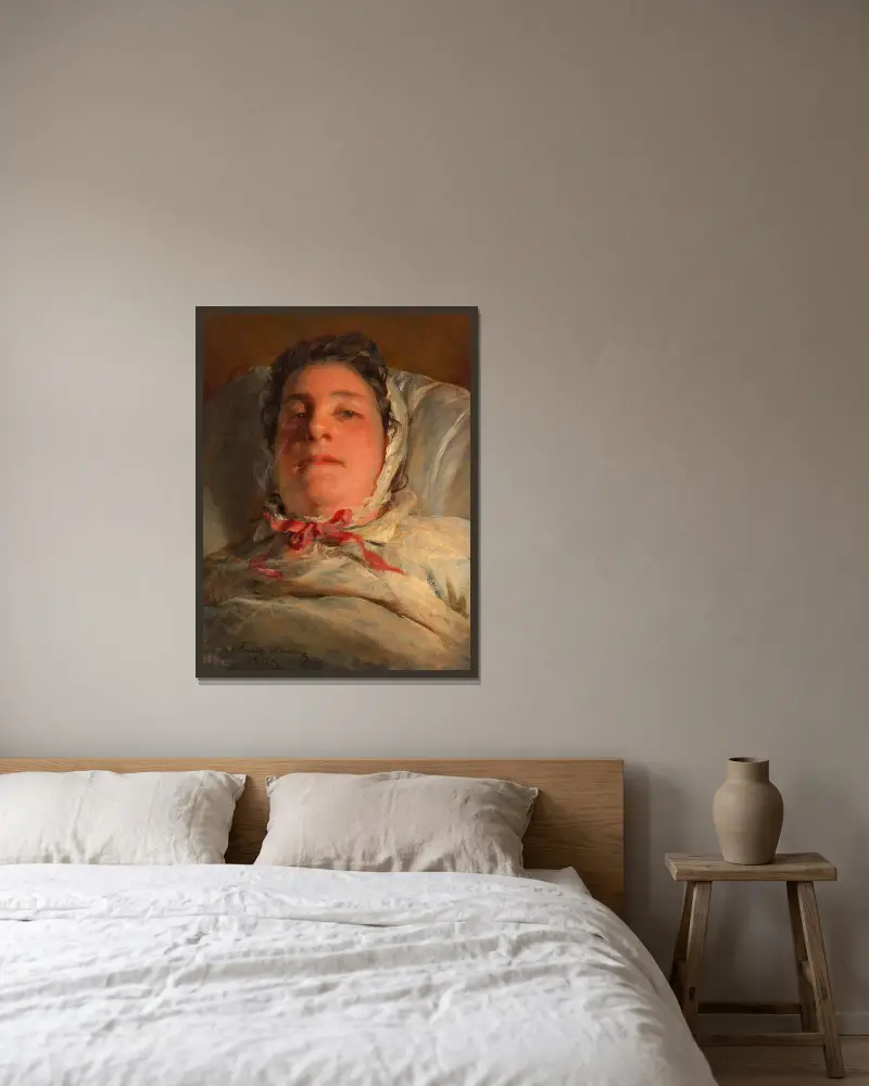 Emilie Amerling, geb. Heinrich auf dem Krankenbett (3. Frau des Künstlers) av Friedrich von Amerling inramad på en vägg