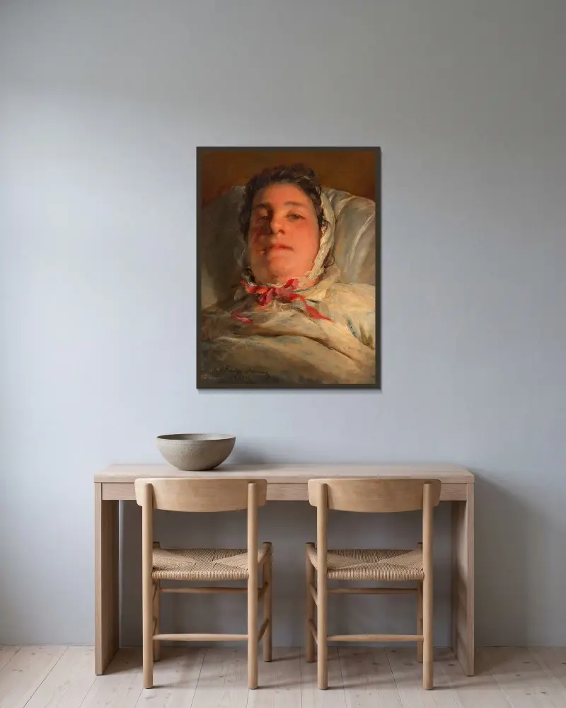 Emilie Amerling, geb. Heinrich auf dem Krankenbett (3. Frau des Künstlers) av Friedrich von Amerling inramad på en vägg