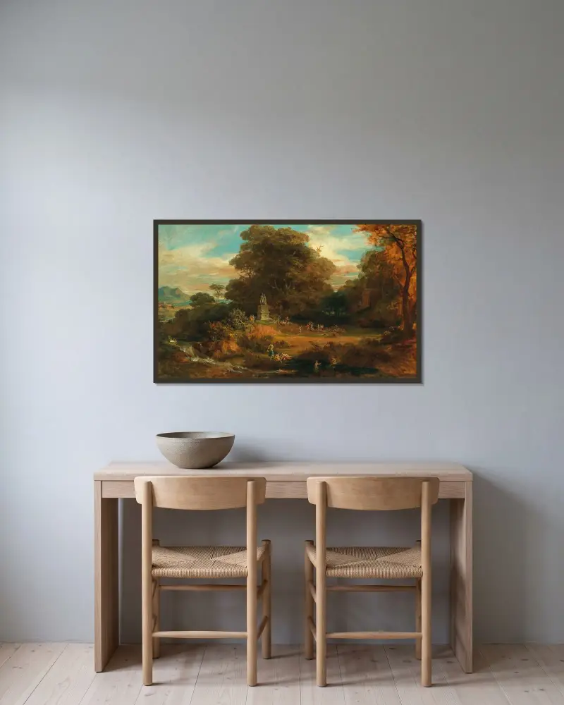 Ideallandskap av Friedrich von Amerling inramad på en vägg