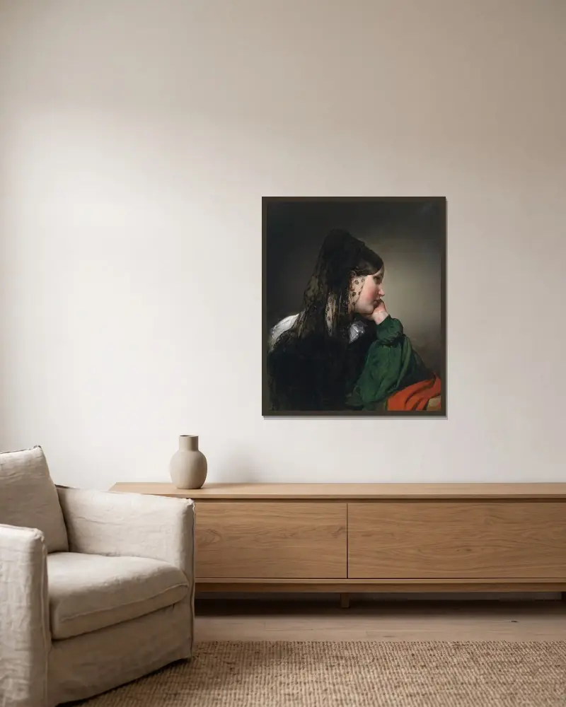Flicka i profil med svart mantilj av Friedrich von Amerling inramad på en vägg