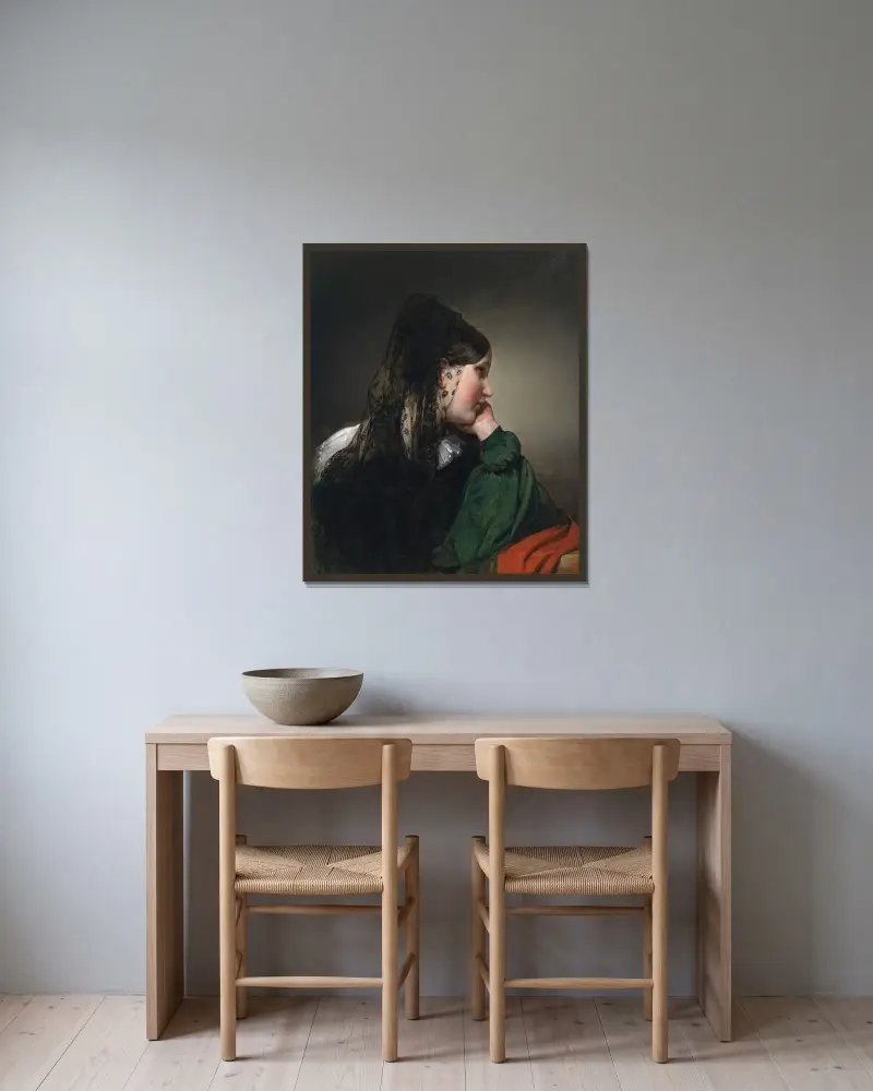 Flicka i profil med svart mantilj av Friedrich von Amerling inramad på en vägg
