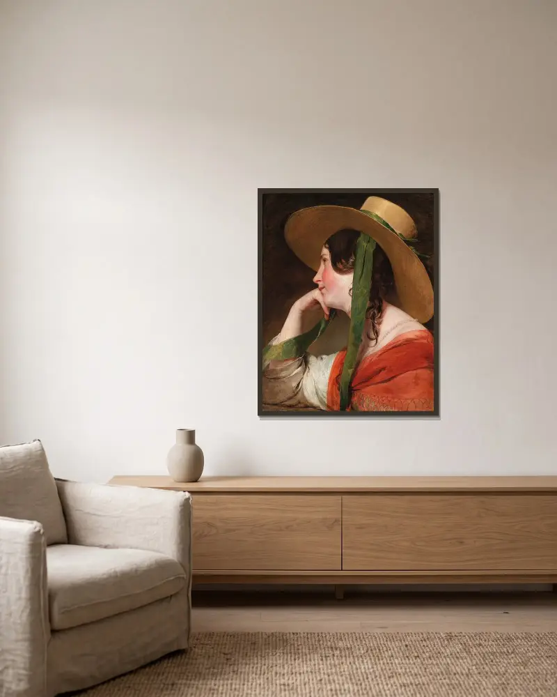 Flicka med halmhatt av Friedrich von Amerling inramad på en vägg