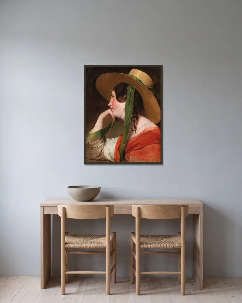 Flicka med halmhatt av Friedrich von Amerling inramad på en vägg