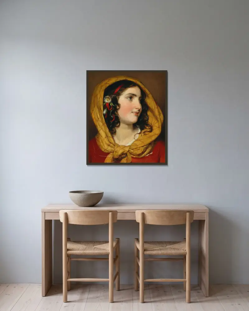 Portret dziewczynki z czerwoną opaską na włosach i żółtą chustą na głowie, Friedrich von Amerling w ramie na ścianie