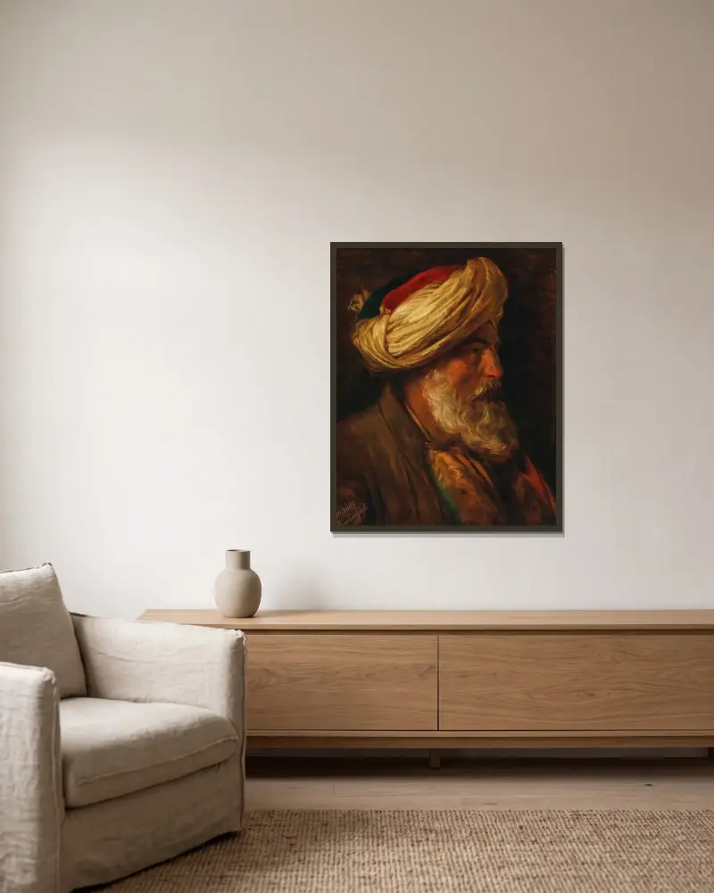 Porträtt av en orientaliskt man i profil (en turk) av Friedrich von Amerling inramad på en vägg