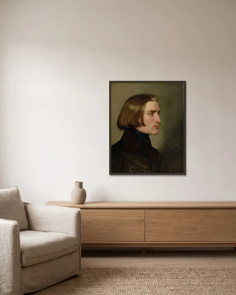 Porträtt av Franz Liszt av Friedrich von Amerling inramad på en vägg