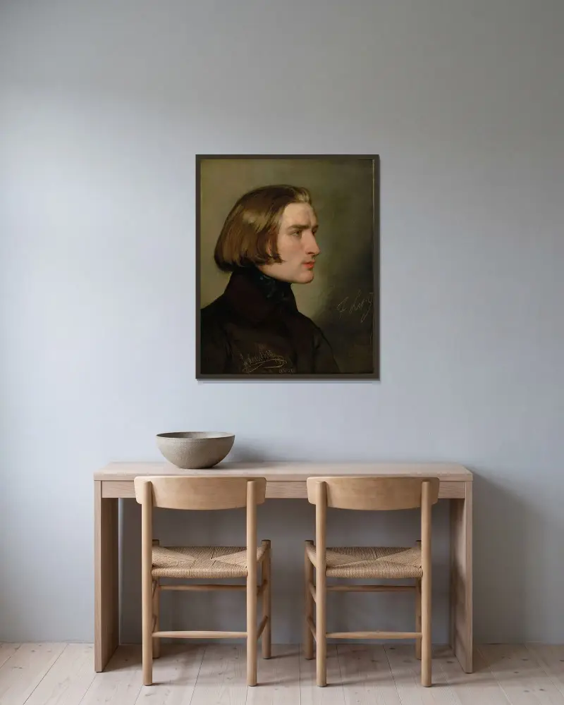 Porträtt av Franz Liszt av Friedrich von Amerling inramad på en vägg