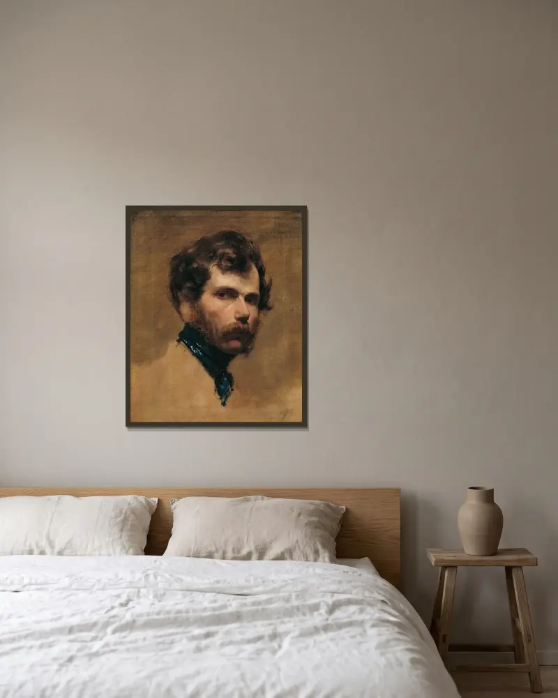 Självporträtt med blå halsduk av Friedrich von Amerling inramad på en vägg