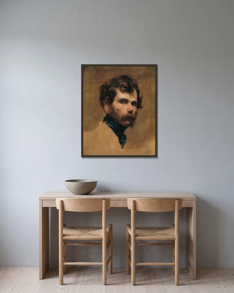Självporträtt med blå halsduk av Friedrich von Amerling inramad på en vägg