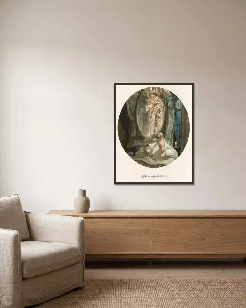 Blatt aus 'Aus meinen Schlössern' 8 von Franz von Bayros gerahmt an einer Wand