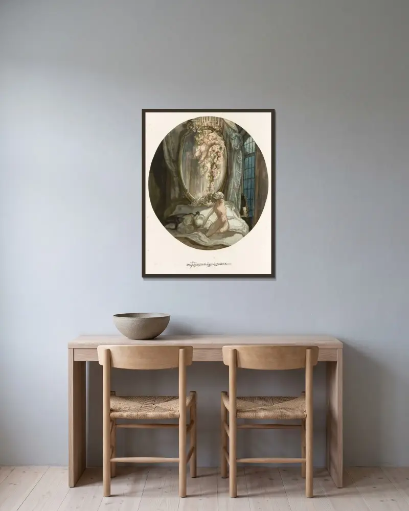 Blatt aus 'Aus meinen Schlössern' 8 von Franz von Bayros gerahmt an einer Wand