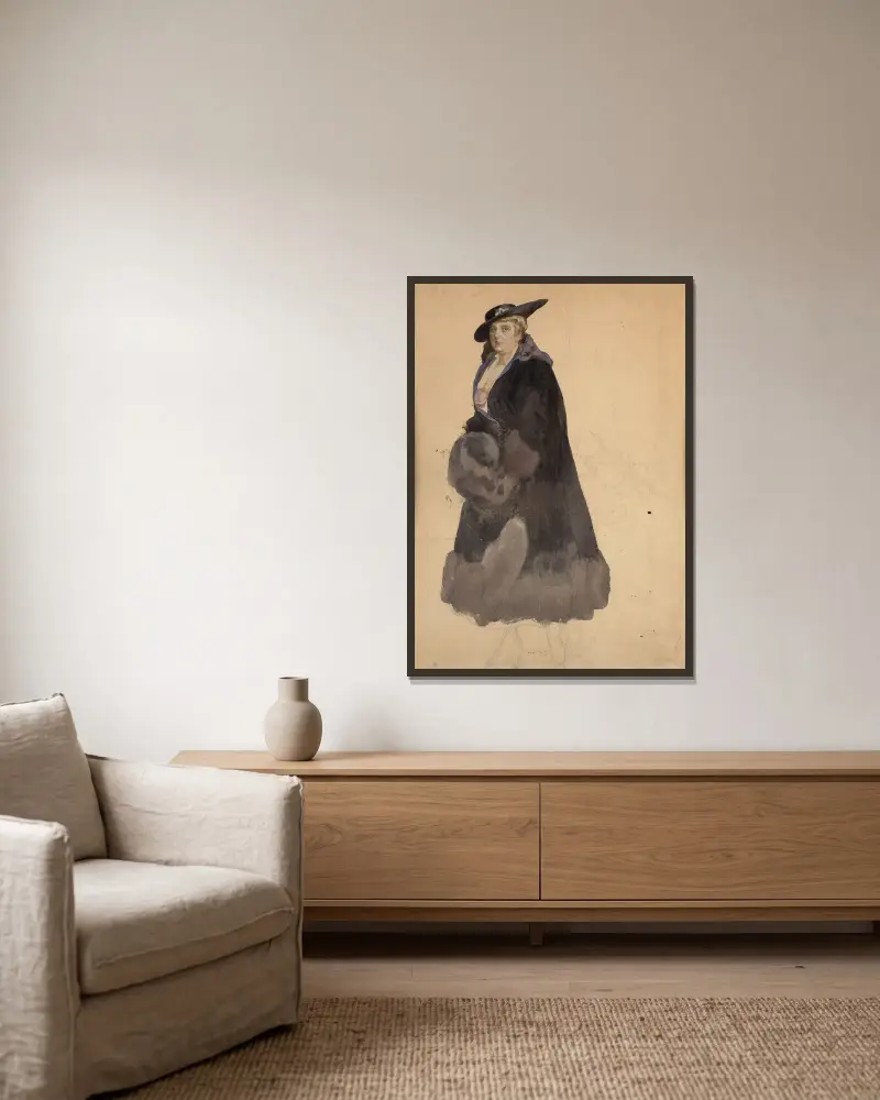 Studie einer eleganten Frau im schwarzen Mantel von Franz von Bayros gerahmt an einer Wand