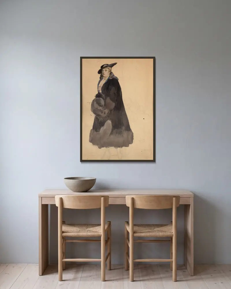 Studie einer eleganten Frau im schwarzen Mantel von Franz von Bayros gerahmt an einer Wand