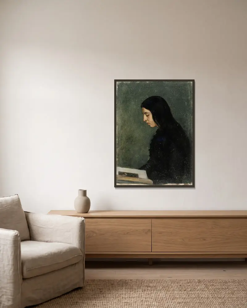 Reading Black Haired Woman av Adolf Von Becker inramad på en vägg