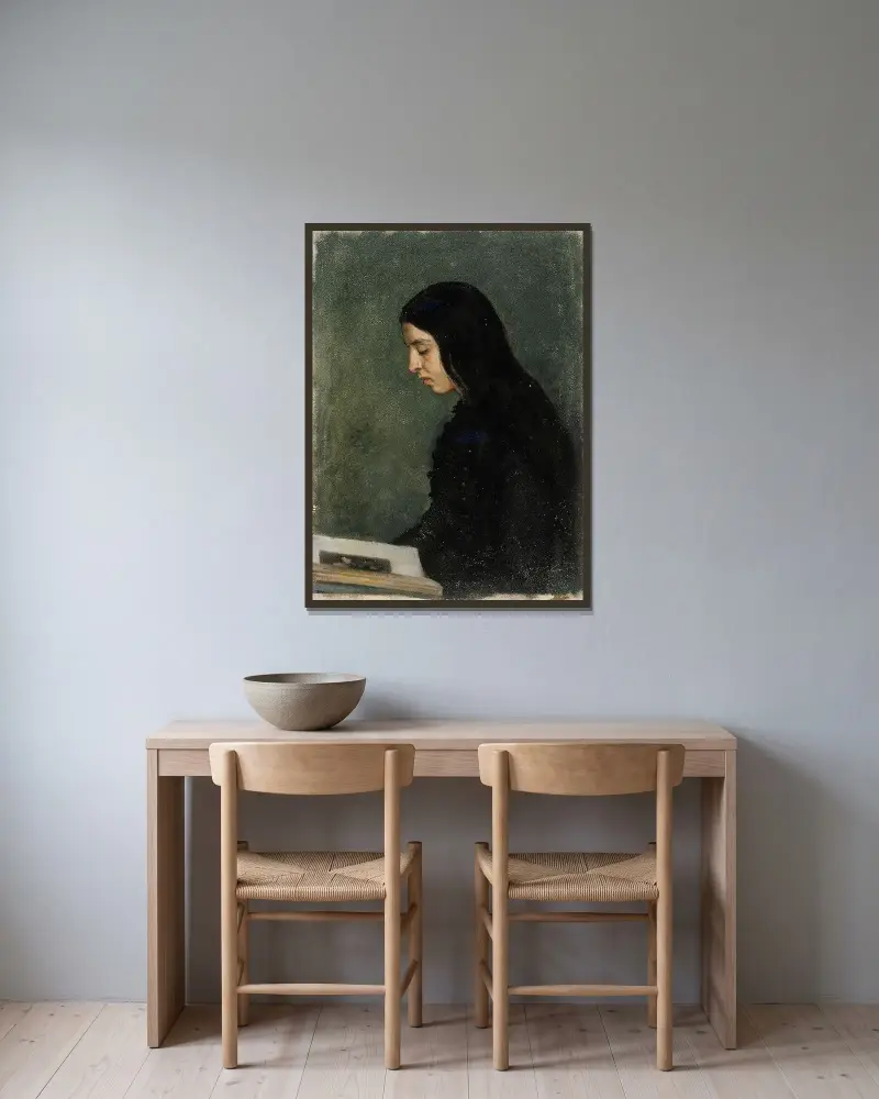 Reading Black Haired Woman av Adolf Von Becker inramad på en vägg