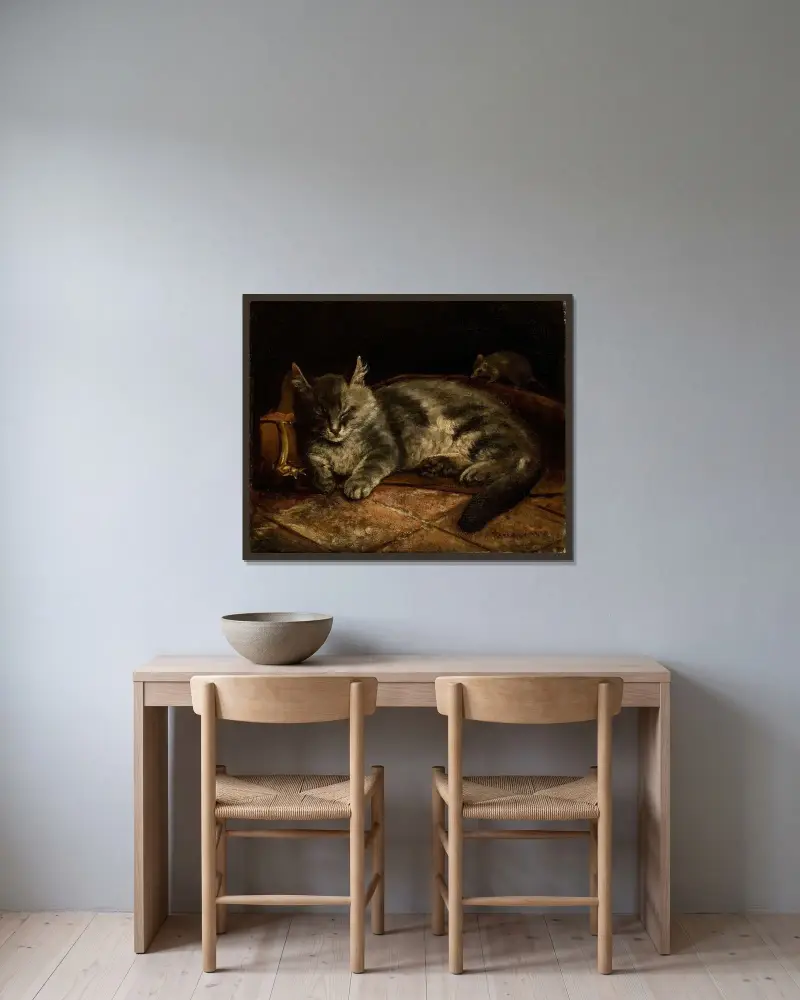 Sleeping Grey Cat And A Rat av Adolf Von Becker inramad på en vägg