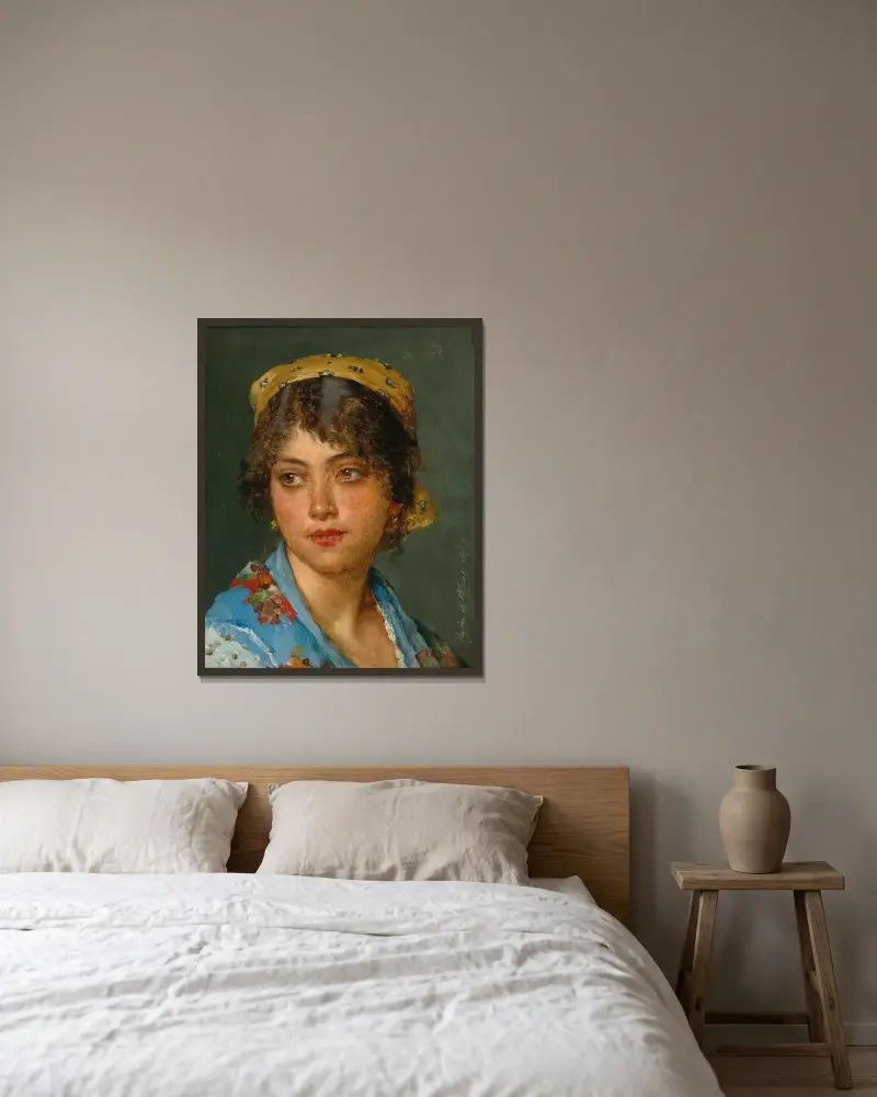 Ung italiensk kvinna med gul huvudduk av Eugen von Blaas inramad på en vägg