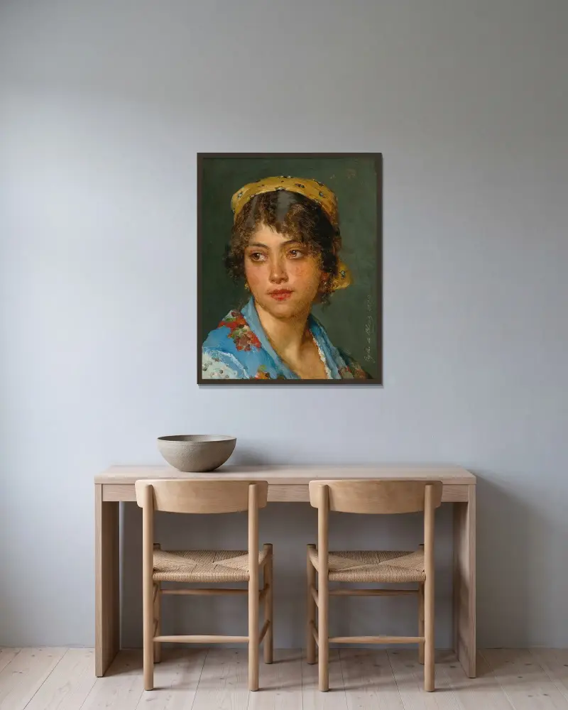 Ung italiensk kvinna med gul huvudduk av Eugen von Blaas inramad på en vägg