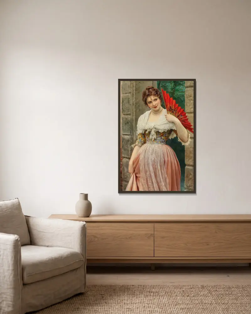 A Young Lady with a Red Fan av Eugen von Blaas inramad på en vägg