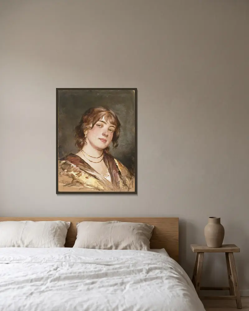Porträtt av en ung italiensk kvinna av Eugen von Blaas inramad på en vägg