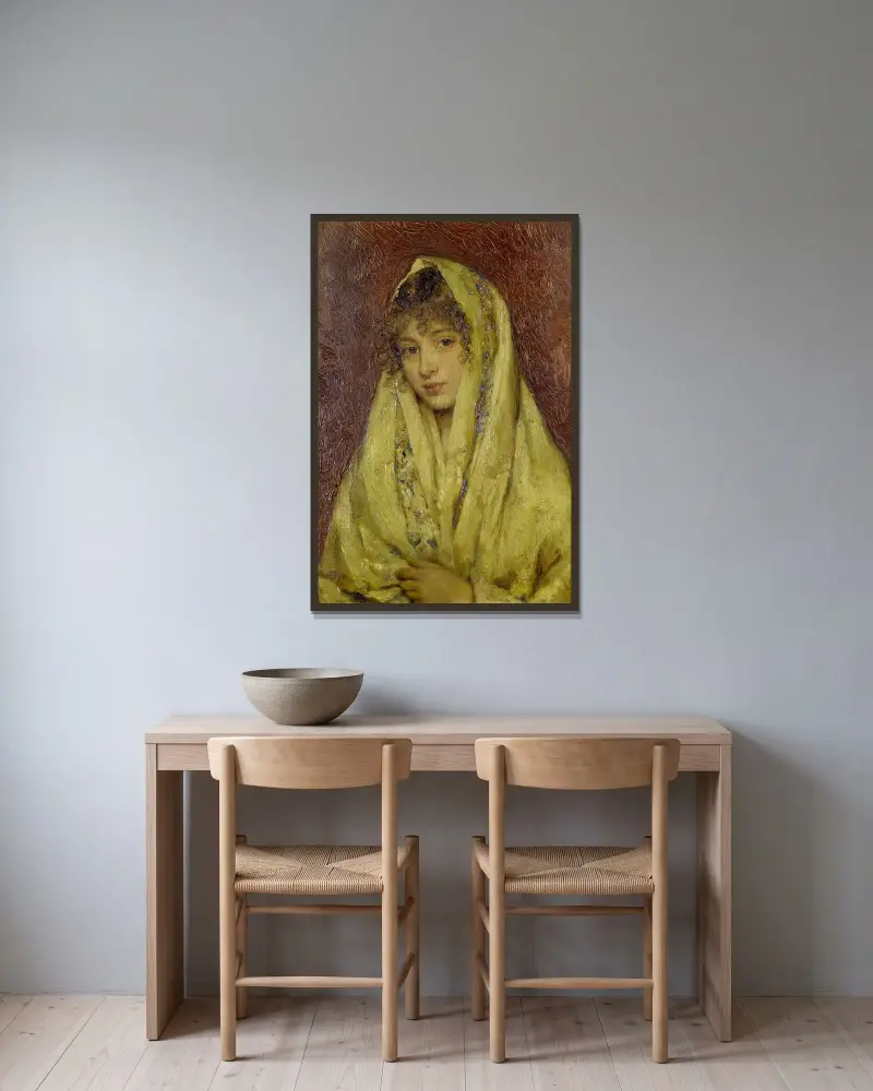 Flicka i gul sjal av Eugen von Blaas inramad på en vägg