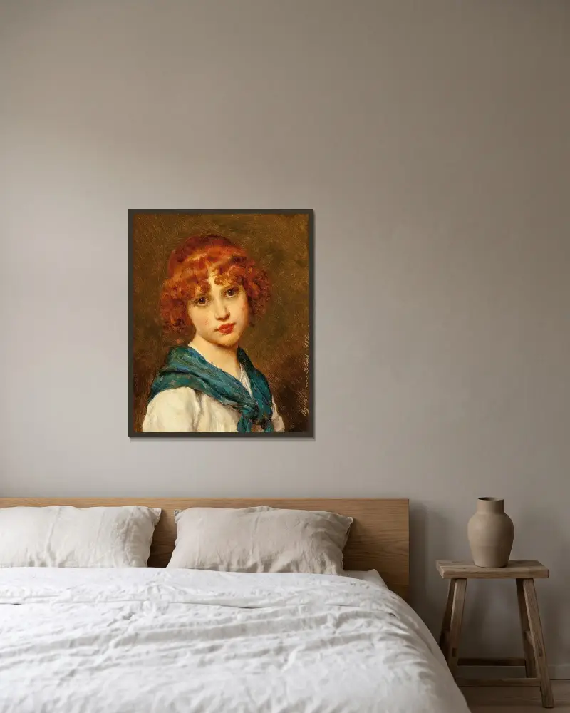 Flicka med blå halsduk av Eugen von Blaas inramad på en vägg