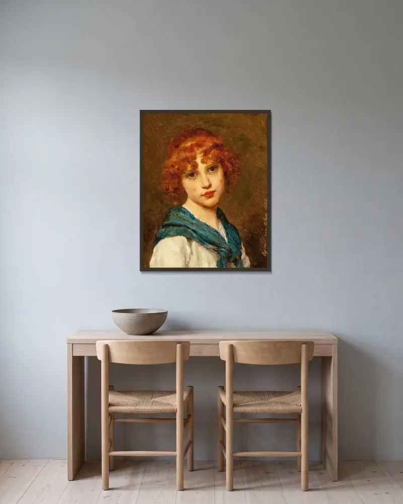 Flicka med blå halsduk av Eugen von Blaas inramad på en vägg