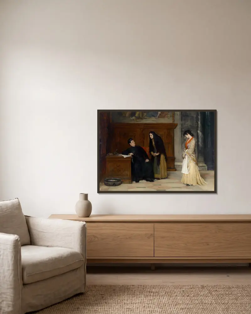 In the Sacristy av Eugen von Blaas inramad på en vägg
