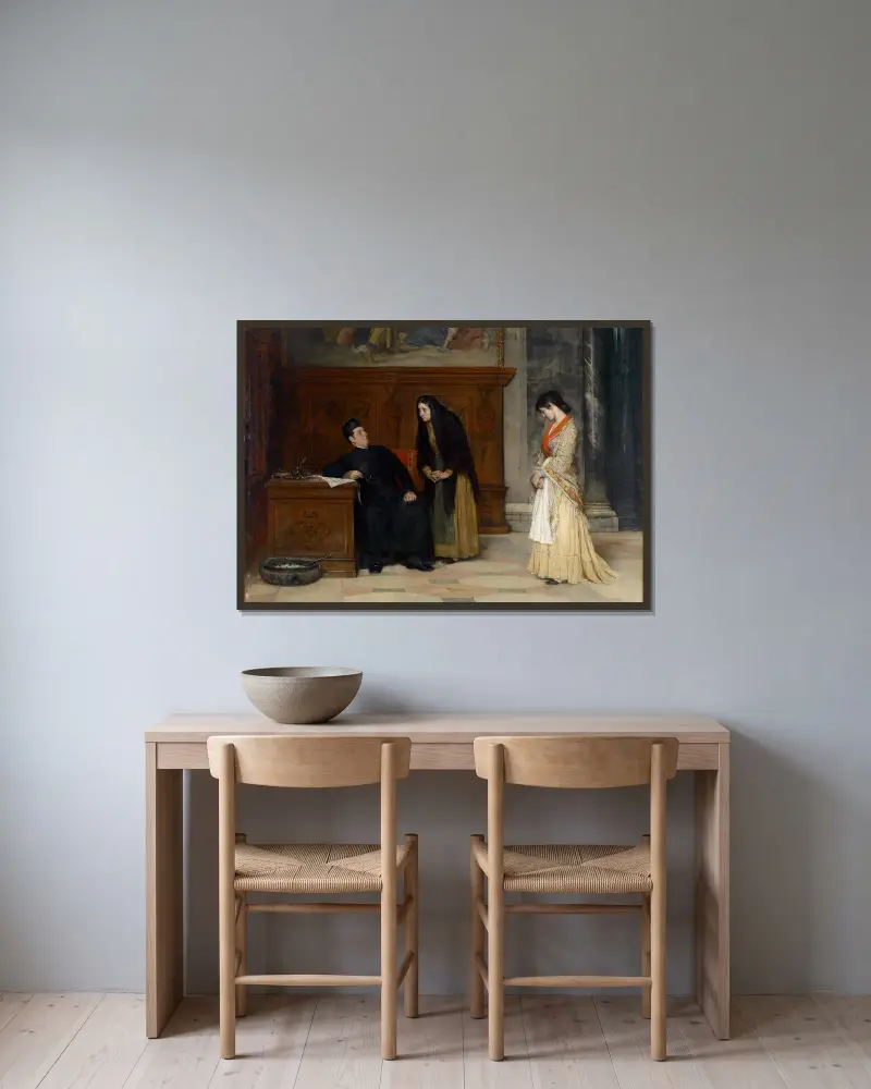 In the Sacristy av Eugen von Blaas inramad på en vägg