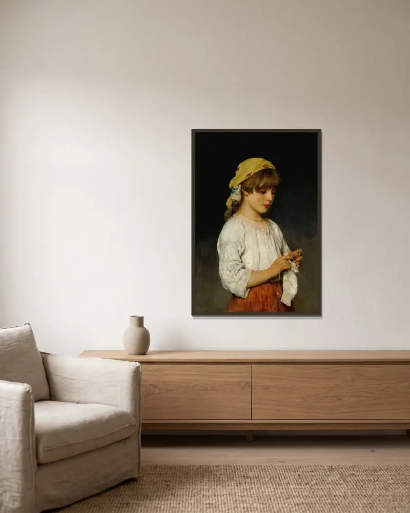 Knitting Girl With Headscarf av Eugen von Blaas inramad på en vägg