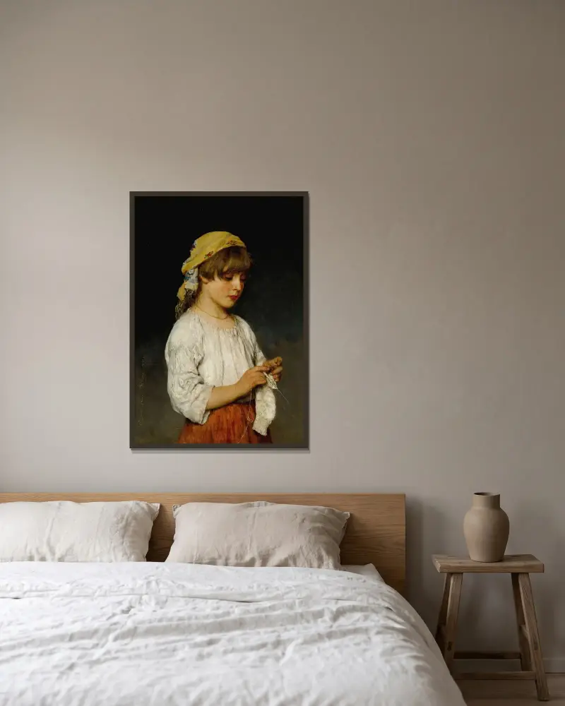 Knitting Girl With Headscarf av Eugen von Blaas inramad på en vägg