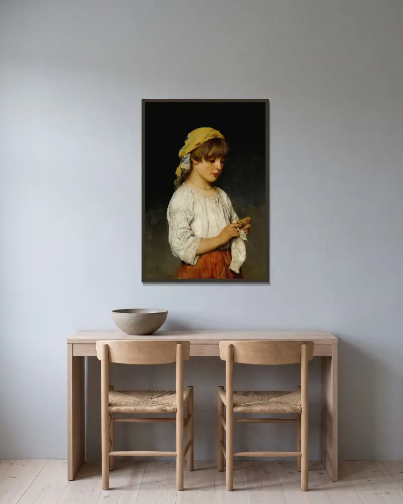 Knitting Girl With Headscarf av Eugen von Blaas inramad på en vägg