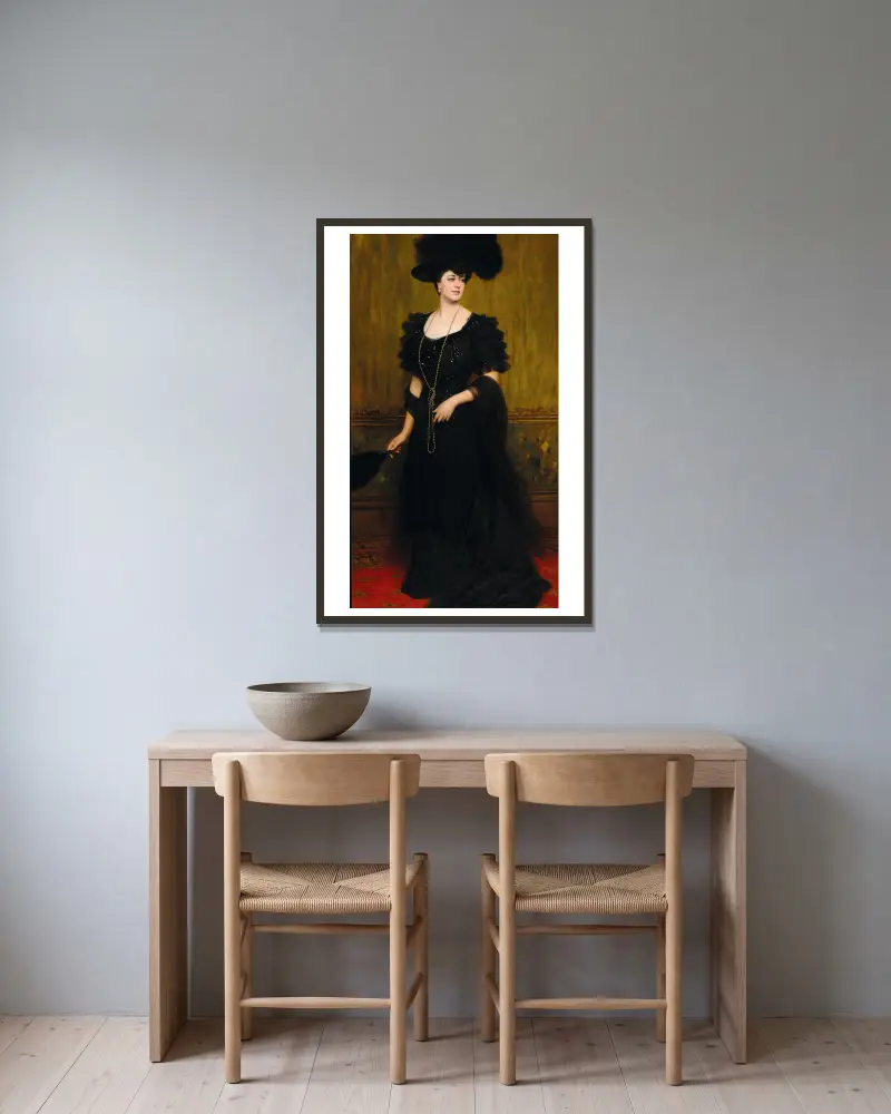 Porträtt av Madame Lebreton av Eugen von Blaas inramad på en vägg