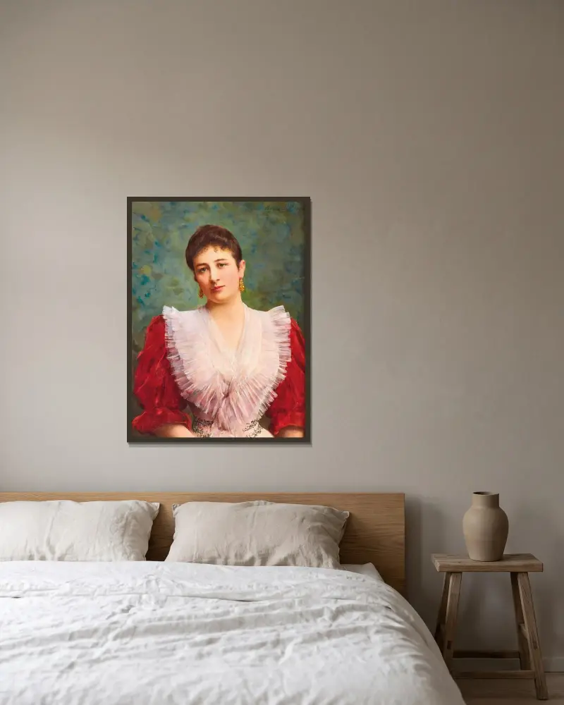 Porträtt av Olga Sardegna Daverio av Eugen von Blaas inramad på en vägg