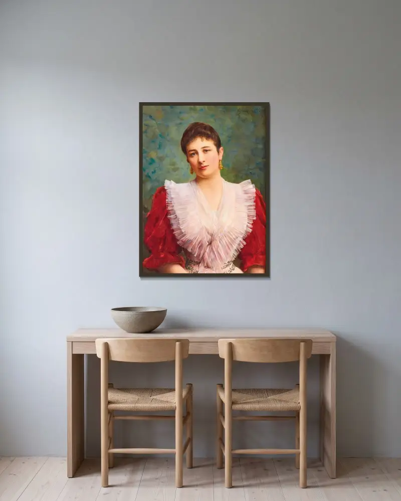 Porträtt av Olga Sardegna Daverio av Eugen von Blaas inramad på en vägg