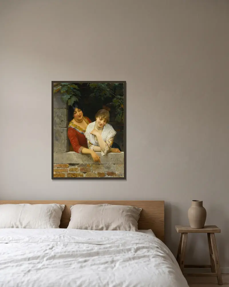 Venetianare på balkongen av Eugen von Blaas inramad på en vägg