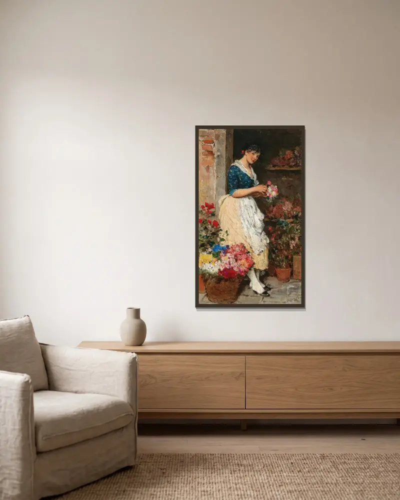 Venetiansk blomsterflicka av Eugen von Blaas inramad på en vägg