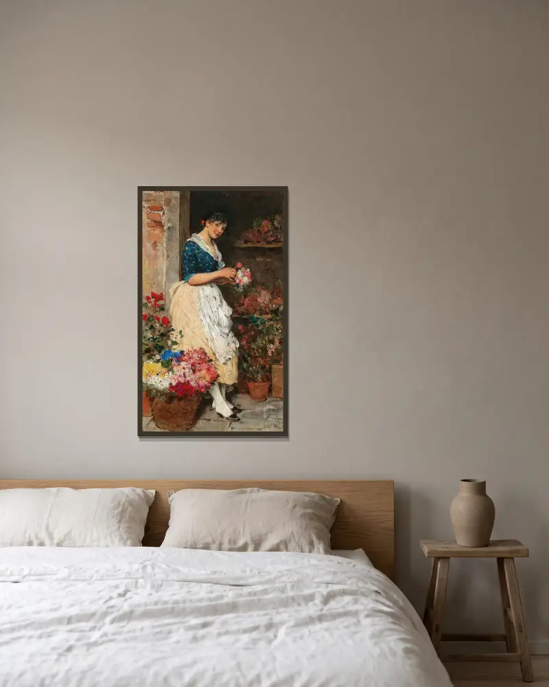 Venetiansk blomsterflicka av Eugen von Blaas inramad på en vägg
