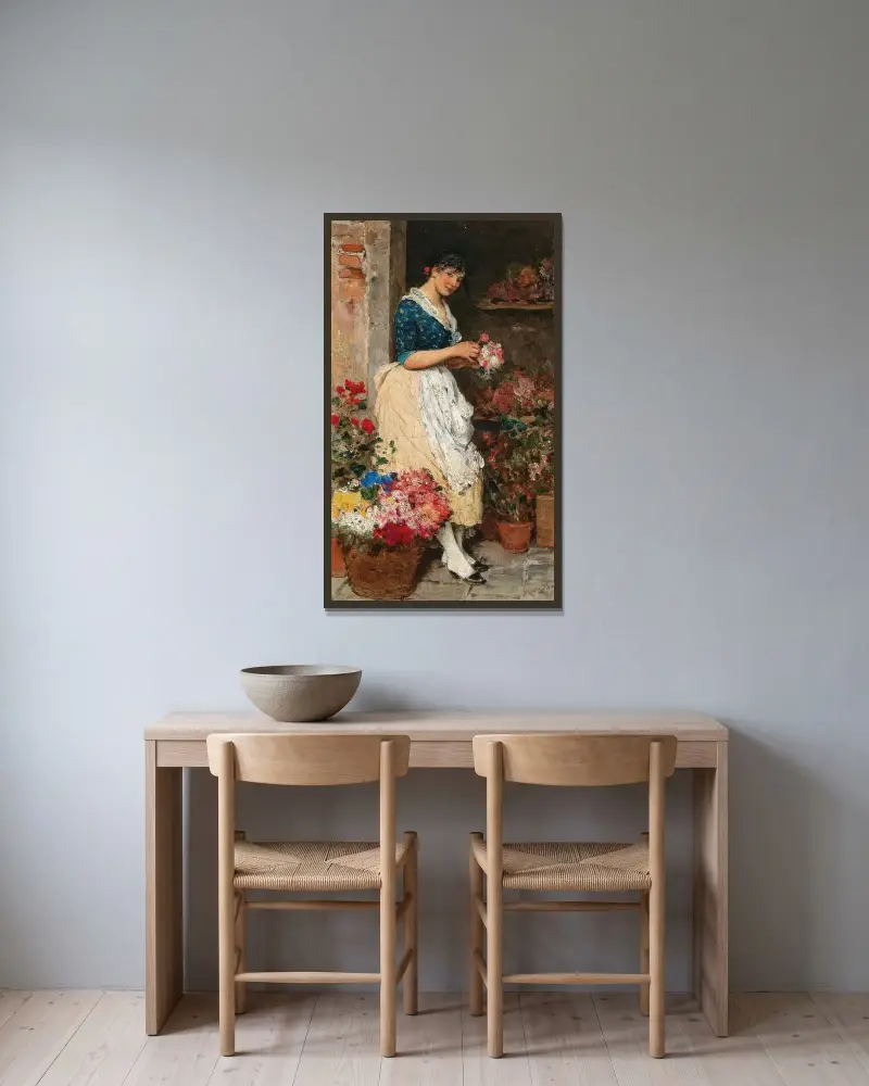 Venetiansk blomsterflicka av Eugen von Blaas inramad på en vägg