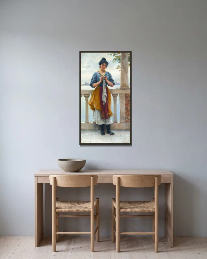 Ung flicka framför lagunen, Venedig av Eugen von Blaas inramad på en vägg