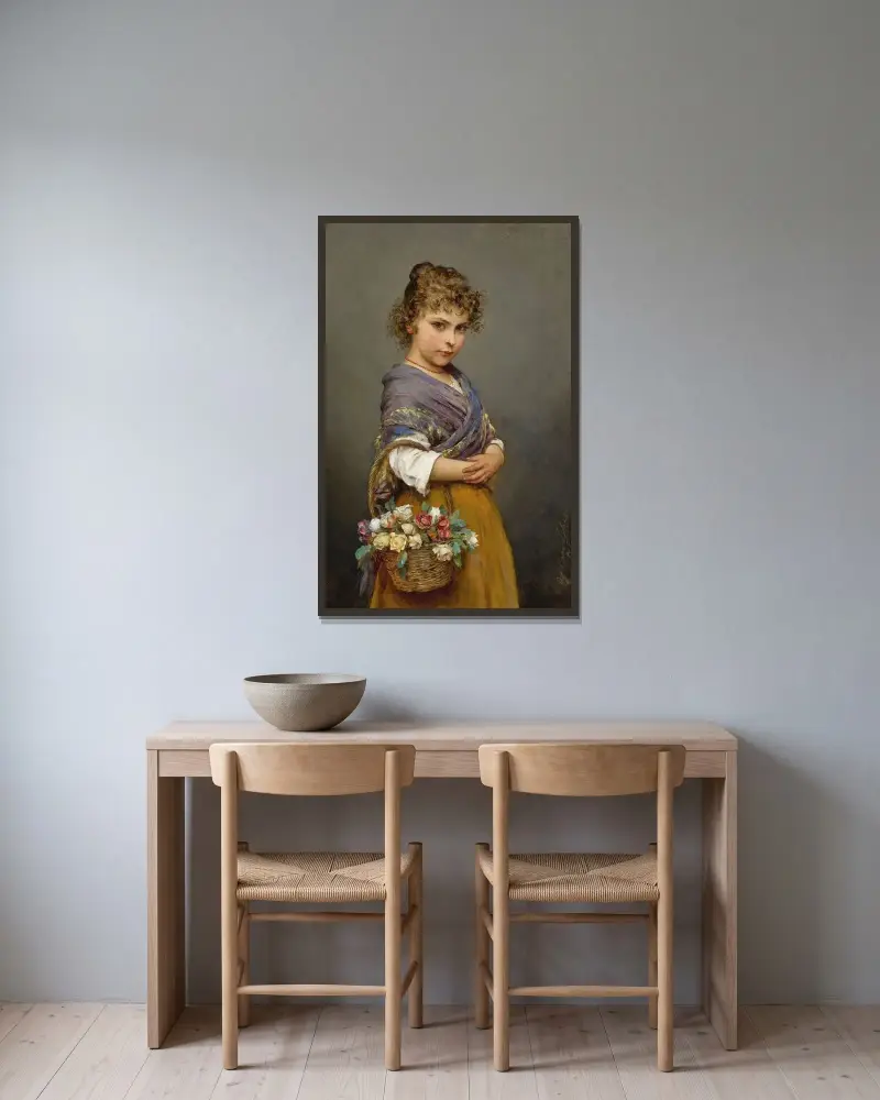 Ung flicka med blomsterkorg av Eugen von Blaas inramad på en vägg
