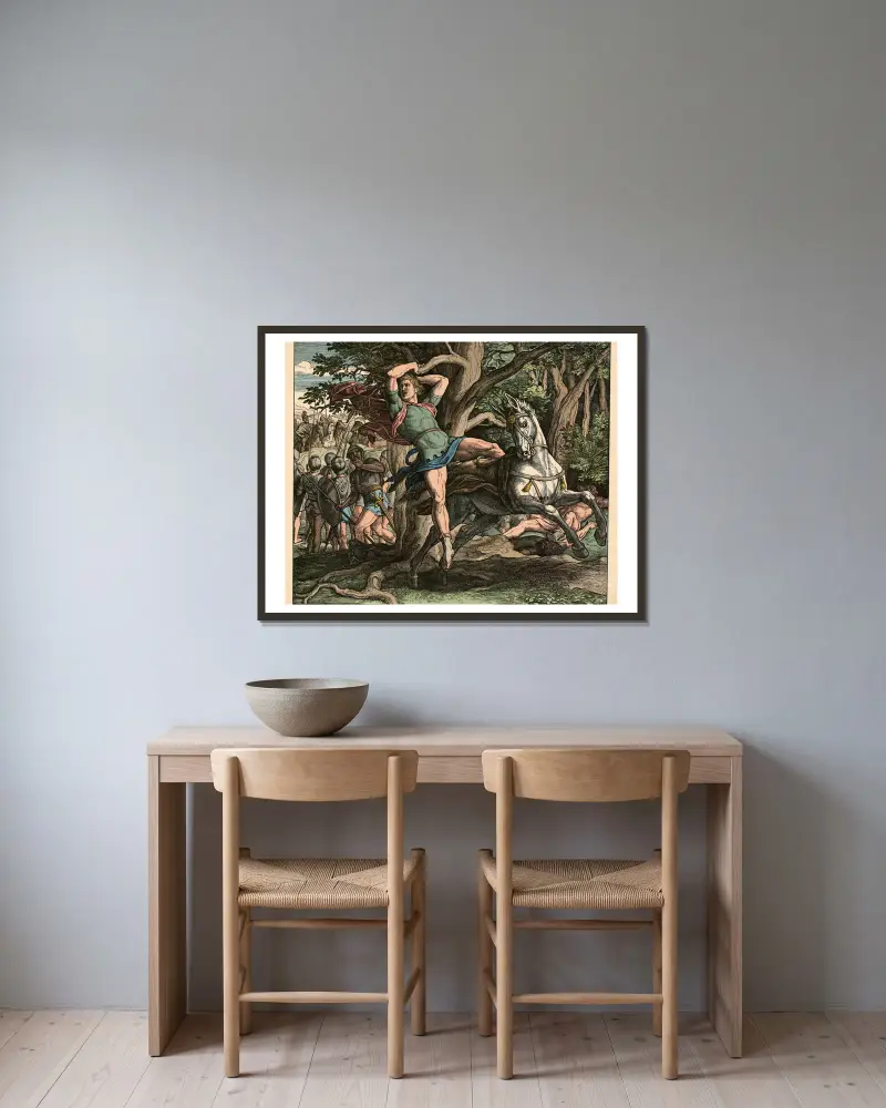 Absaloms Ende von Julius Schnorr von Carolsfeld gerahmt an einer Wand
