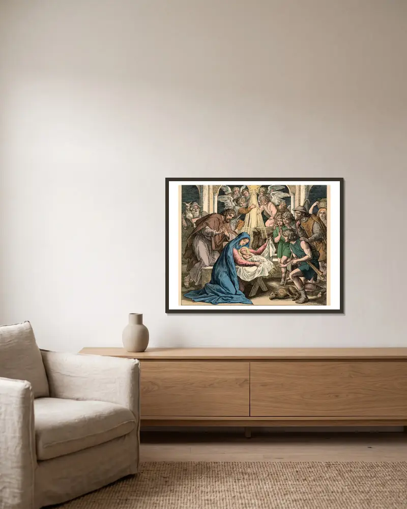 Christi Geburt (The birth of Christ) av Julius Schnorr von Carolsfeld inramad på en vägg