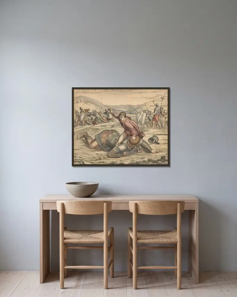 David och Goliat av Julius Schnorr von Carolsfeld inramad på en vägg