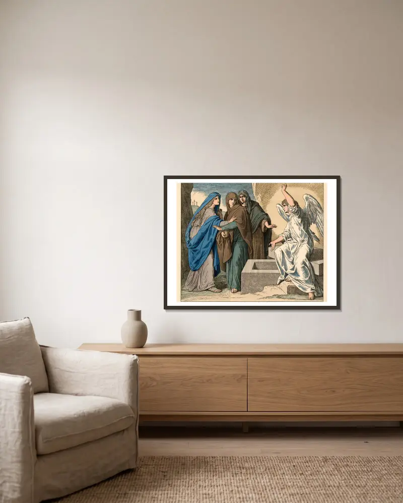 Die Frauen am Grabe Jesu (An angel declareth the resurrection of Christ) av Julius Schnorr von Carolsfeld inramad på en vägg